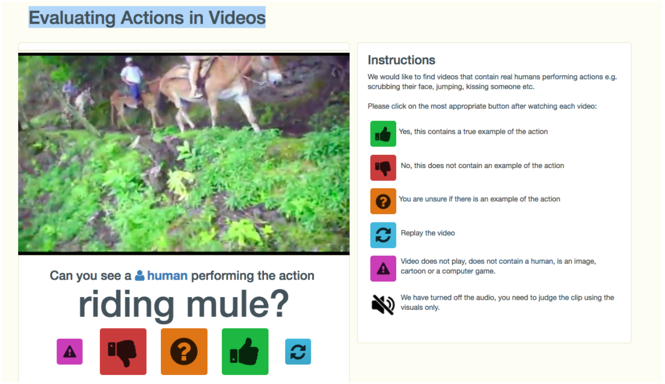 Mechanical Turk labeling interface showing a riding-mule clip, a named-action question, response icons and an instruction panel explicitly stating that audio is turned off.