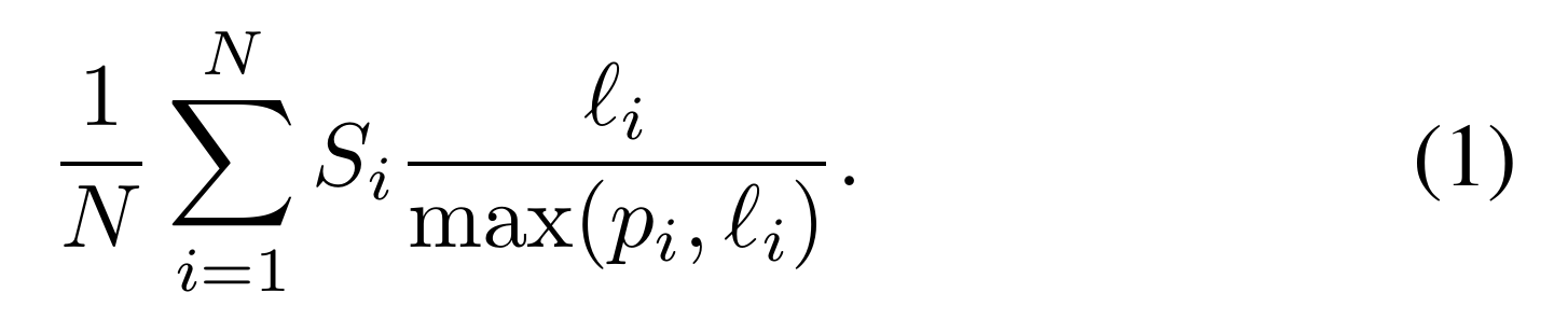 Original Equation (1): one over N times a sum over episodes i of success indicator S_i multiplied by shortest-path length ℓ_i divided by max(p_i, ℓ_i).