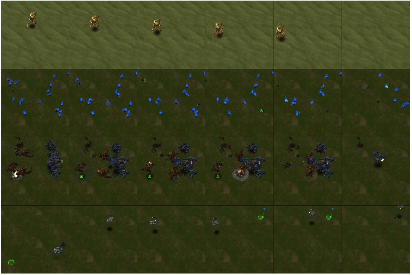 Four rows of StarCraft 2 frames show a moving unit, mineral collection, an army battle and medivac transport; time advances left to right.
