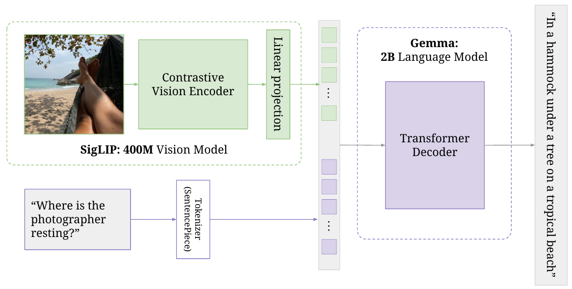 An image passes through SigLIP and a linear projection; tokenized question text joins the image-token sequence before the Gemma decoder generates an answer.