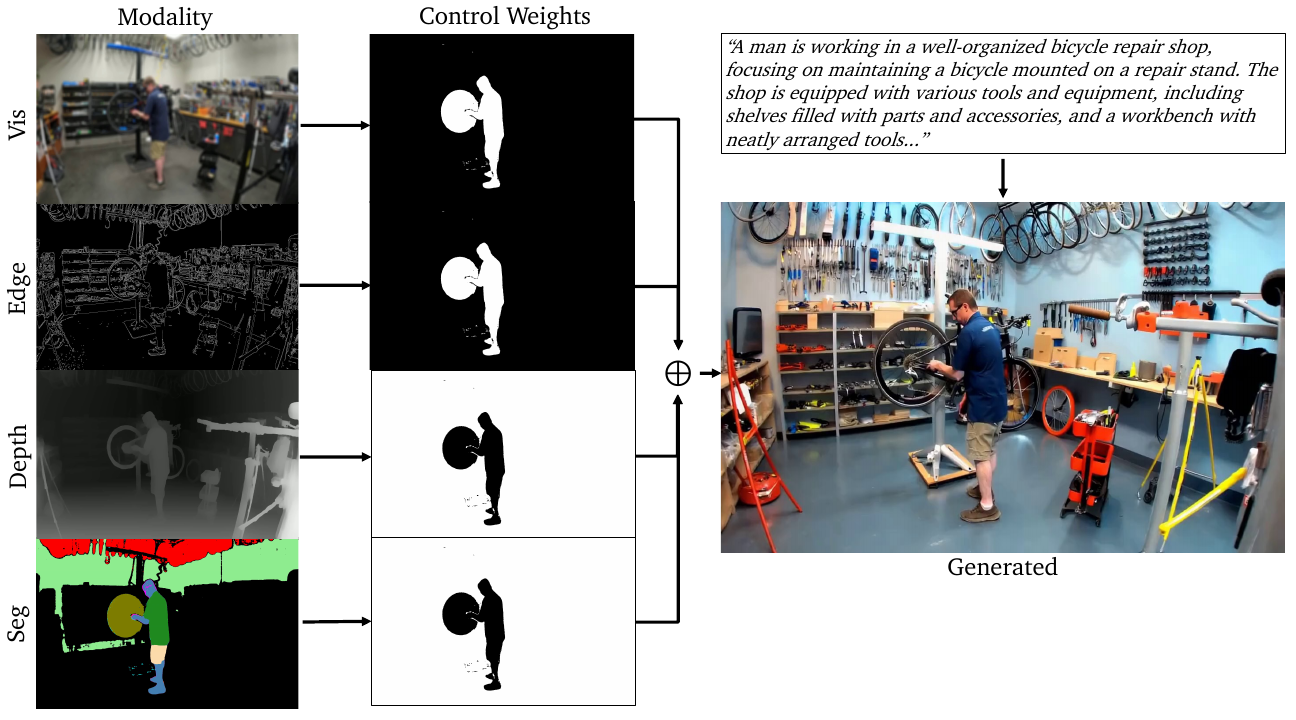 Four condition images of a bicycle repair shop feed foreground or background weight masks and produce a new shop image retaining the person's appearance.