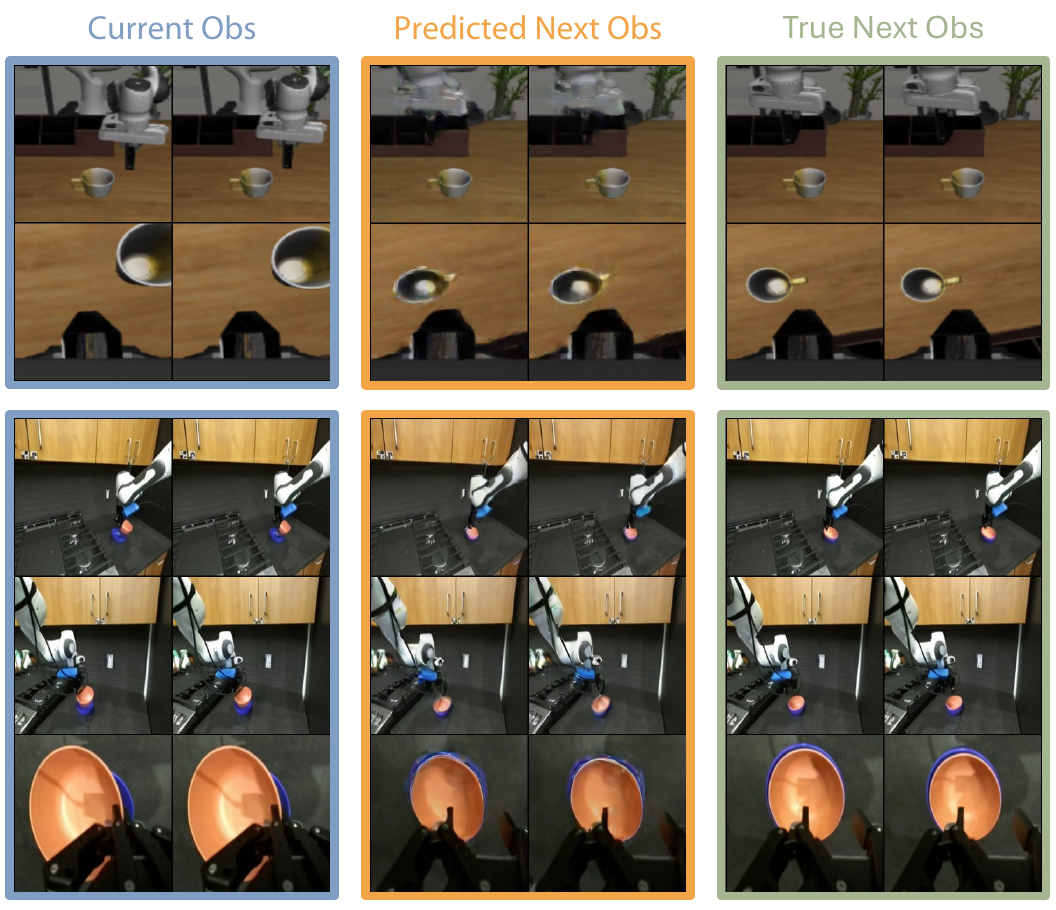 Current, predicted next and true next observations appear in three columns, with simulated cup manipulation above and real-robot bowl manipulation below.