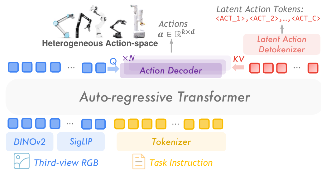 RGB and language tokens enter an autoregressive transformer; blue visual embeddings provide Q and red latent-action embeddings provide KV to an action decoder.