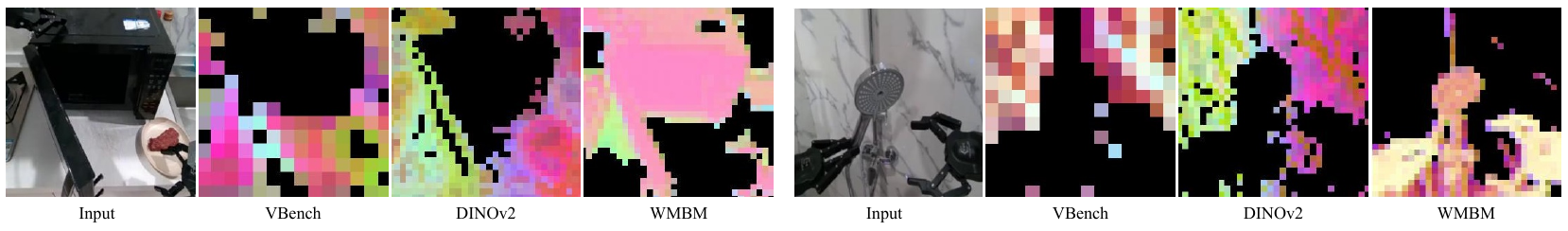 Two groups of input robot scenes followed by feature maps labeled VBench, DINOv2 and WMBM; the inputs depict microwave handling and a showerhead scene.