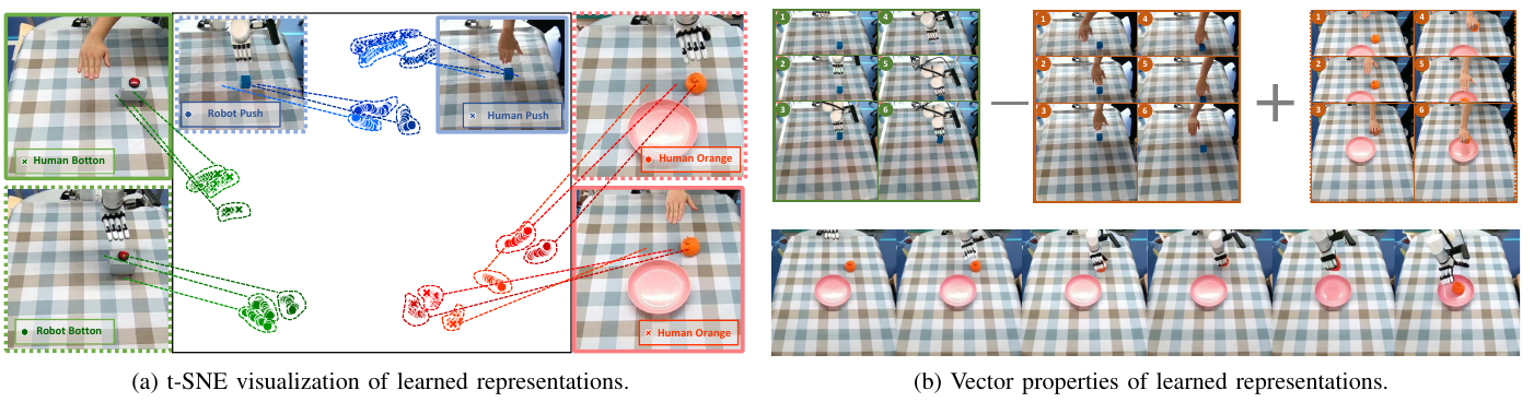 Left: t-SNE clusters linked to pushing, button and orange examples; the upper red robot-hand inset is mislabeled Human Orange. Right: robot-push minus human-push plus human-orange representations accompany generated robot-orange frames.