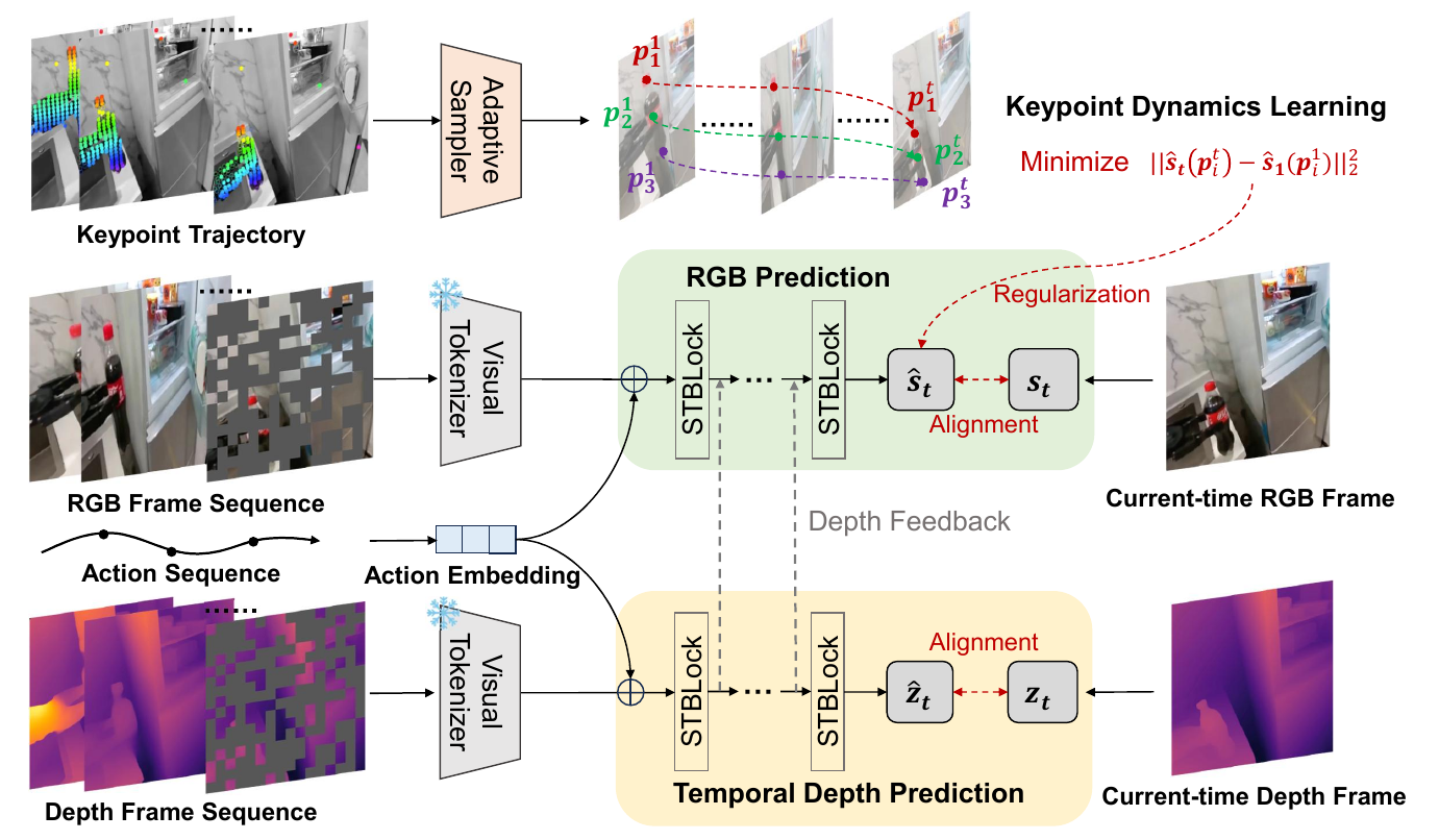 Two frozen visual tokenizers feed RGB and depth Transformer branches. Actions enter both branches, depth features feed upward into RGB, and sampled point tracks regularize predicted RGB tokens.