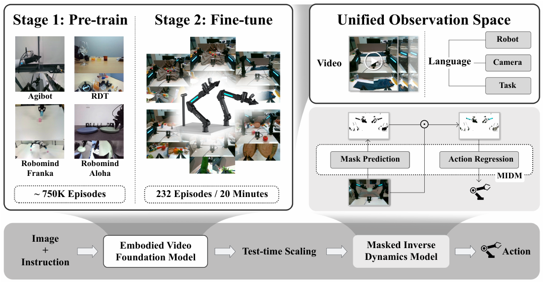 Vidar diagram with embodied pre-training and target fine-tuning data, a unified video/language observation space, a mask-and-regression inset, and a left-to-right video-to-action pipeline.