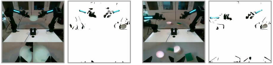 Two paired examples show a combined camera image beside its masked version, retaining scattered robot-arm pixels against largely white backgrounds.