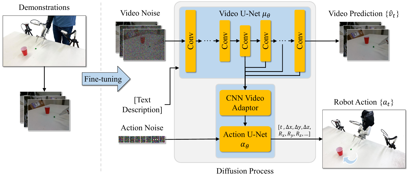 A video U-Net sends hidden features downward through a CNN video adapter into a separate action U-Net; video noise and action noise enter distinct branches.