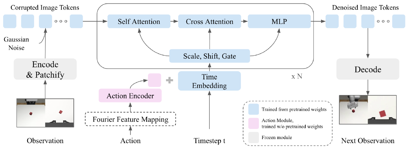 Observation tokens pass through self-attention, cross-attention and an MLP to a decoded next observation. Fourier-mapped actions join time embeddings and modulate the transformer. The legend distinguishes pretrained, newly trained and frozen modules.