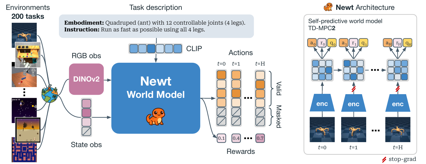 Newt receives language, state and optional image embeddings, outputs planned actions, and trains a latent rollout against stop-gradient future encodings.