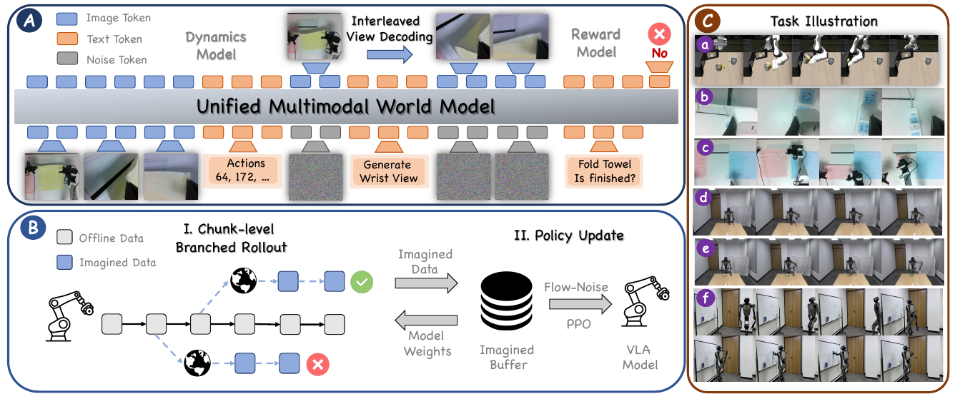 Three-panel diagram: a unified model generates head and wrist observations and a reward answer; short imagined branches feed PPO training of a separate VLA; task photographs appear at right.