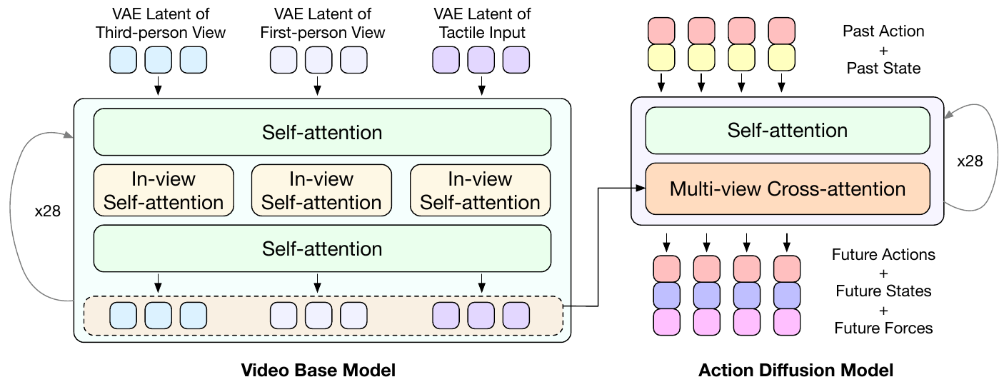 Three groups of camera and tactile VAE latents enter a video model; an arrow carries their representation into a separate action diffusion branch, with both branches marked ×28.