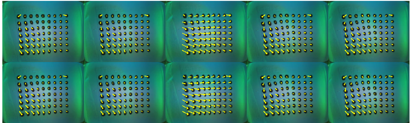 Two rows of five tactile sensor frames during peeling, showing a deforming marker grid and original yellow arrow overlays.