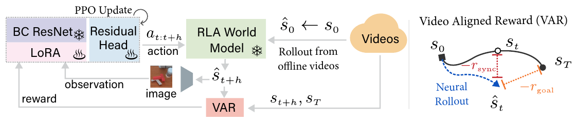 A policy with frozen BC weights and trainable LoRA/residual head generates actions for a frozen RLA world model; decoded observations and video-aligned rewards feed back into PPO.