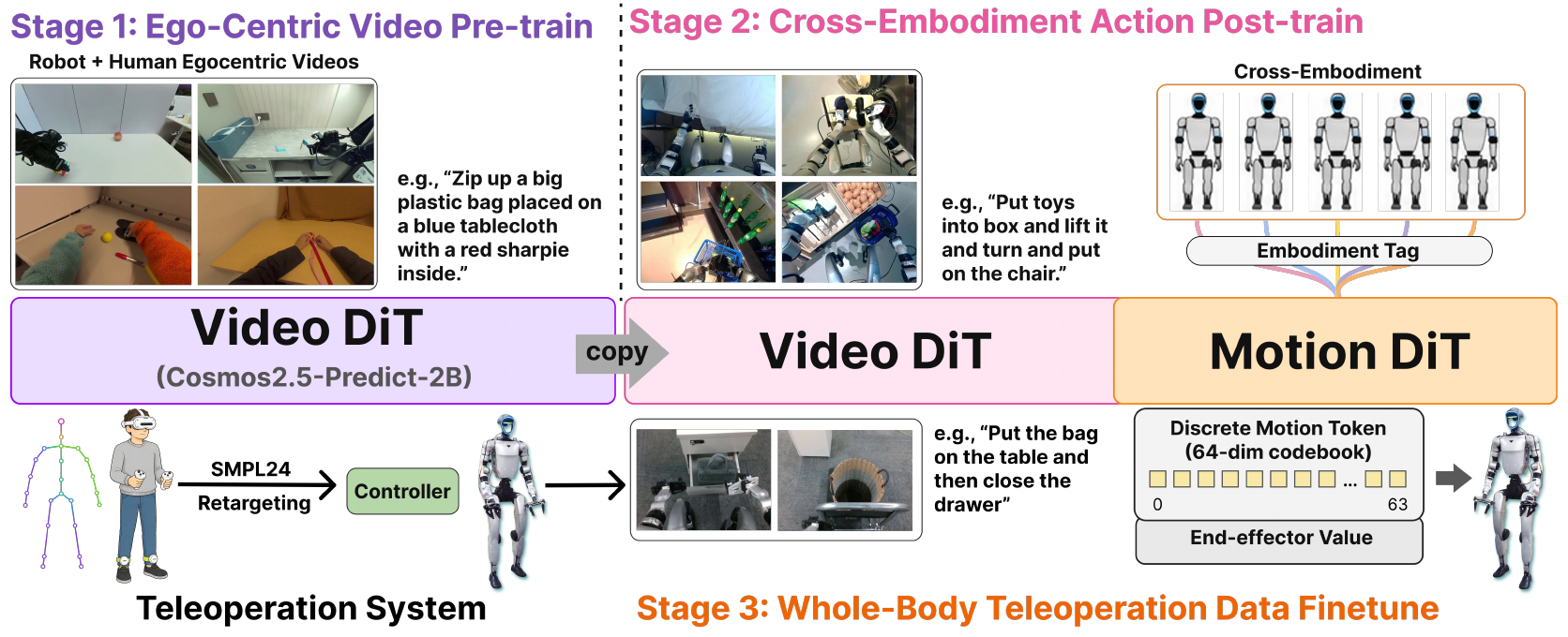 Three-stage overview: egocentric video trains a Video DiT; its weights are copied into a video-motion pair with embodiment tags; retargeted teleoperation supplies whole-body fine-tuning data and motion/end-effector outputs.