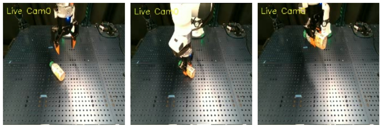 Three Live Cam0 frames show an open gripper approaching a bottle, grasping it near the table and holding it lifted above the table.