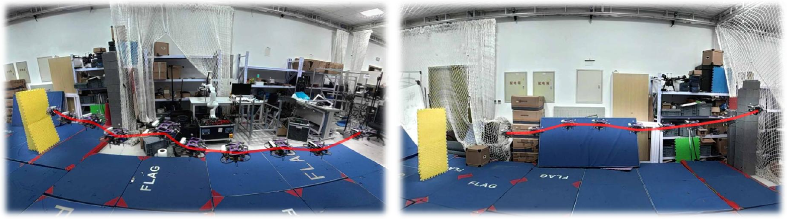 Two views of a netted laboratory show a quadrotor flight sequence and a red trajectory leading toward a vertical yellow foam mat.
