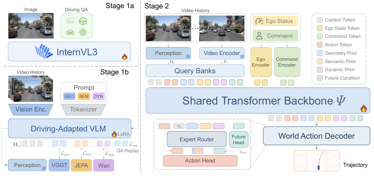 Stages 1a and 1b adapt InternVL3 and distill geometry, semantics, and dynamics; Stage 2 routes frozen perception and video features through queries, a shared Transformer, future prediction, and an action head.