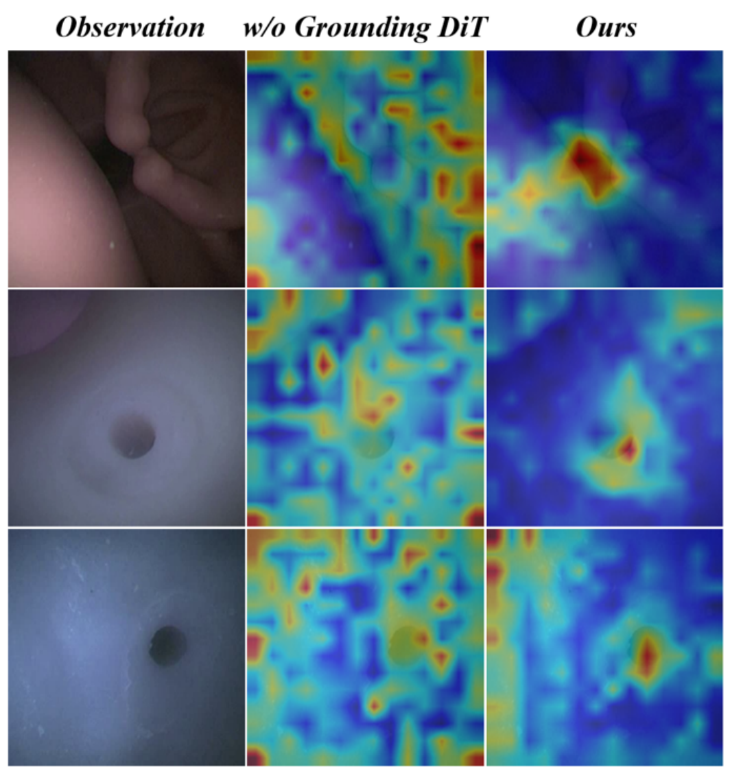 Three rows show an endoscopic observation, diffuse attention without the Grounding DiT, and more concentrated attention in the full model.