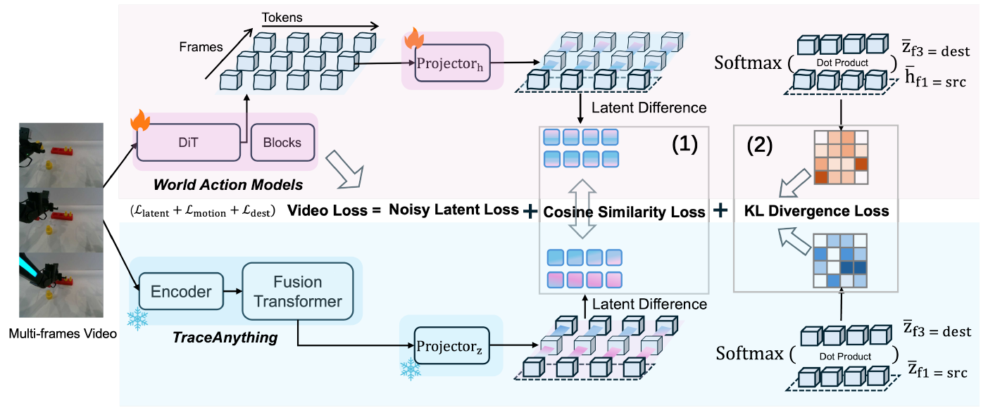Two video-processing branches feed motion-difference and destination-distribution alignment losses; fire marks the trainable WAM branch and snowflakes the frozen teacher branch.