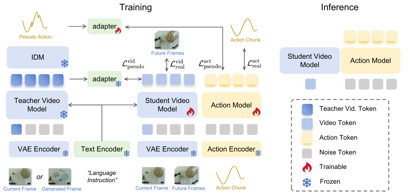 Training and inference diagram with frozen teacher and IDM, video and action tokens, four supervision terms, and a student-only inference panel.