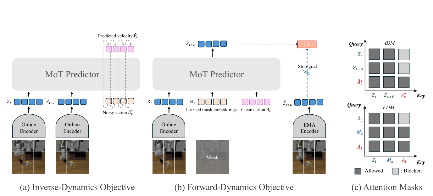 Two training branches share a MoT predictor: inverse dynamics predicts action velocity, forward dynamics predicts future latents against a stop-gradient EMA target; adjacent grids show allowed and blocked attention.