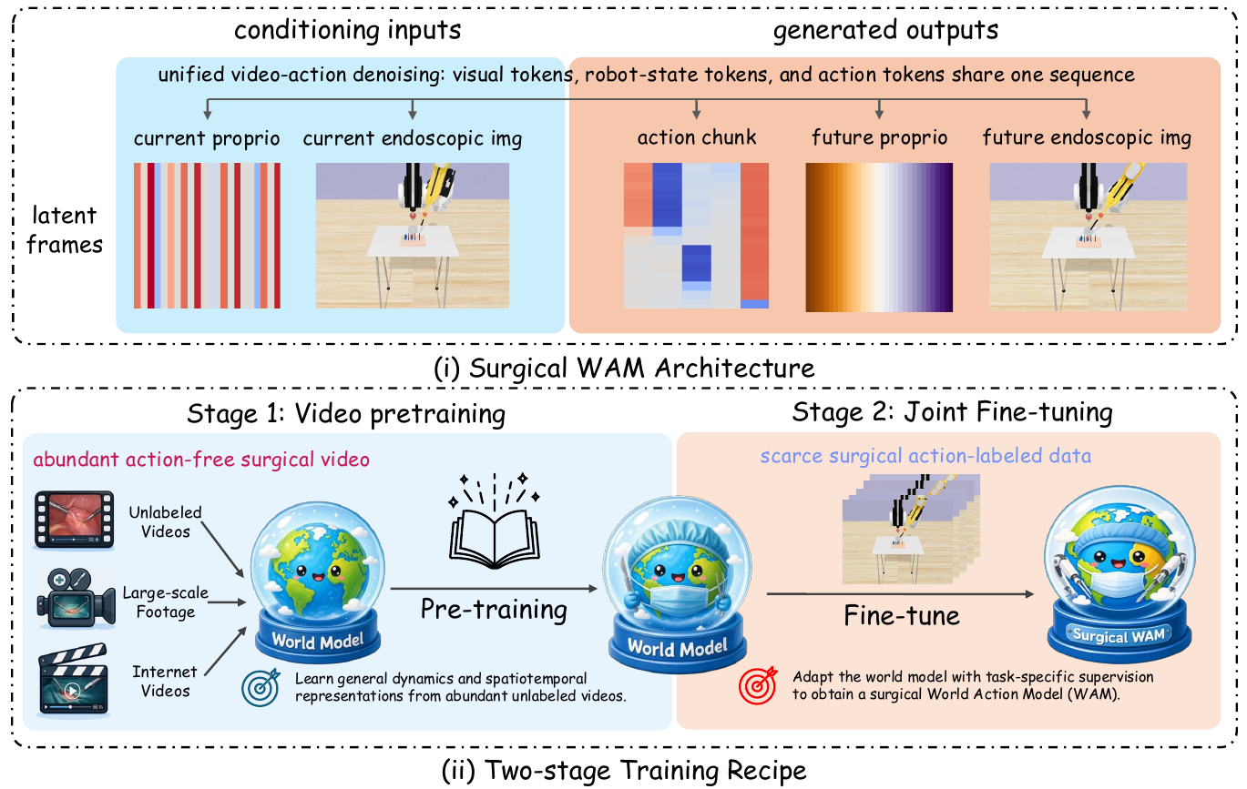 Two panels show shared latent slots for current robot state/image and generated actions/future state/image, followed by video pretraining and joint fine-tuning.