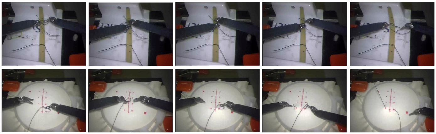 Two rows of five JIGSAWS endoscopic frames show knot tying above and suturing below, with surgical instruments manipulating thread and a suturing pad.