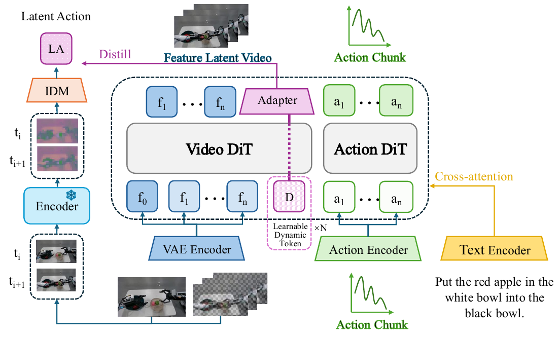 Video DiT and Action DiT blocks receive visual and action tokens; a purple dynamics register connects through an adapter to a latent-action target from a frozen encoder and IDM branch.