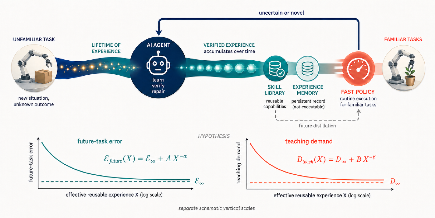 Agent, persistent skill and experience stores, and a proposed fast policy above two schematic declining curves for future-task error and teaching demand.
