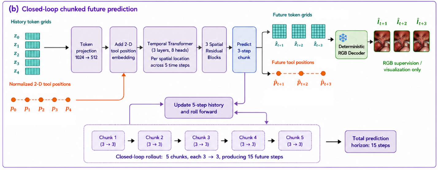 Historical token grids and normalized 2-D tool positions feed temporal and spatial processing, branch into future latents and tool points, and update a five-step history over five three-step chunks.