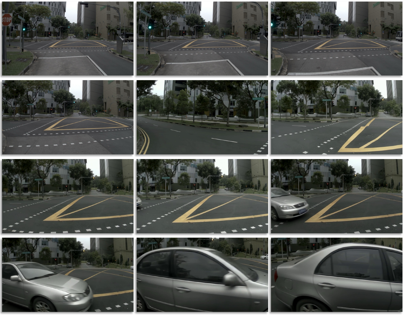 Twelve dashcam frames in four rows show entry into an intersection, followed by a silver car passing close across the camera view.