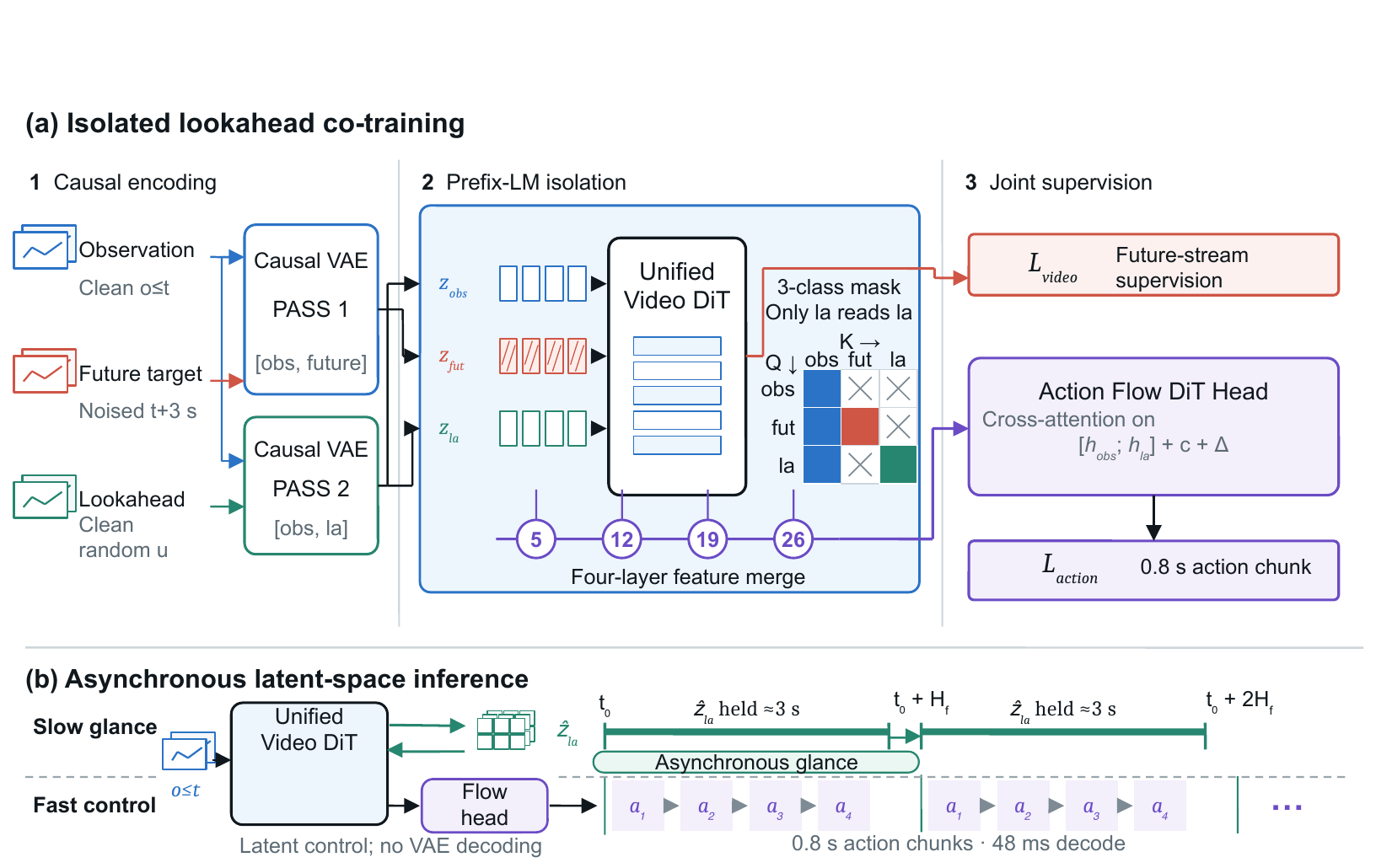 Training diagram with separate causal VAE passes, a masked shared video transformer and action flow head; a lower timeline reuses lookahead latents across action chunks.