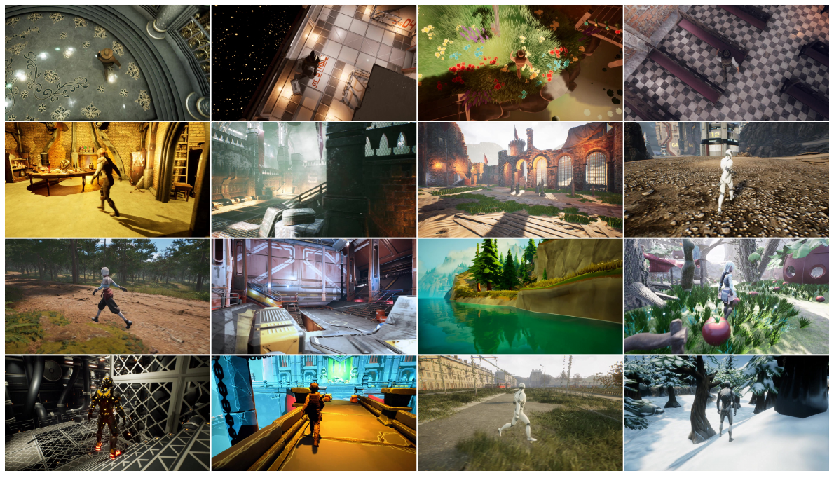 A four-by-four montage of rendered environments: top-down views above, back views below, first-person examples in the center, and side views at the edges.