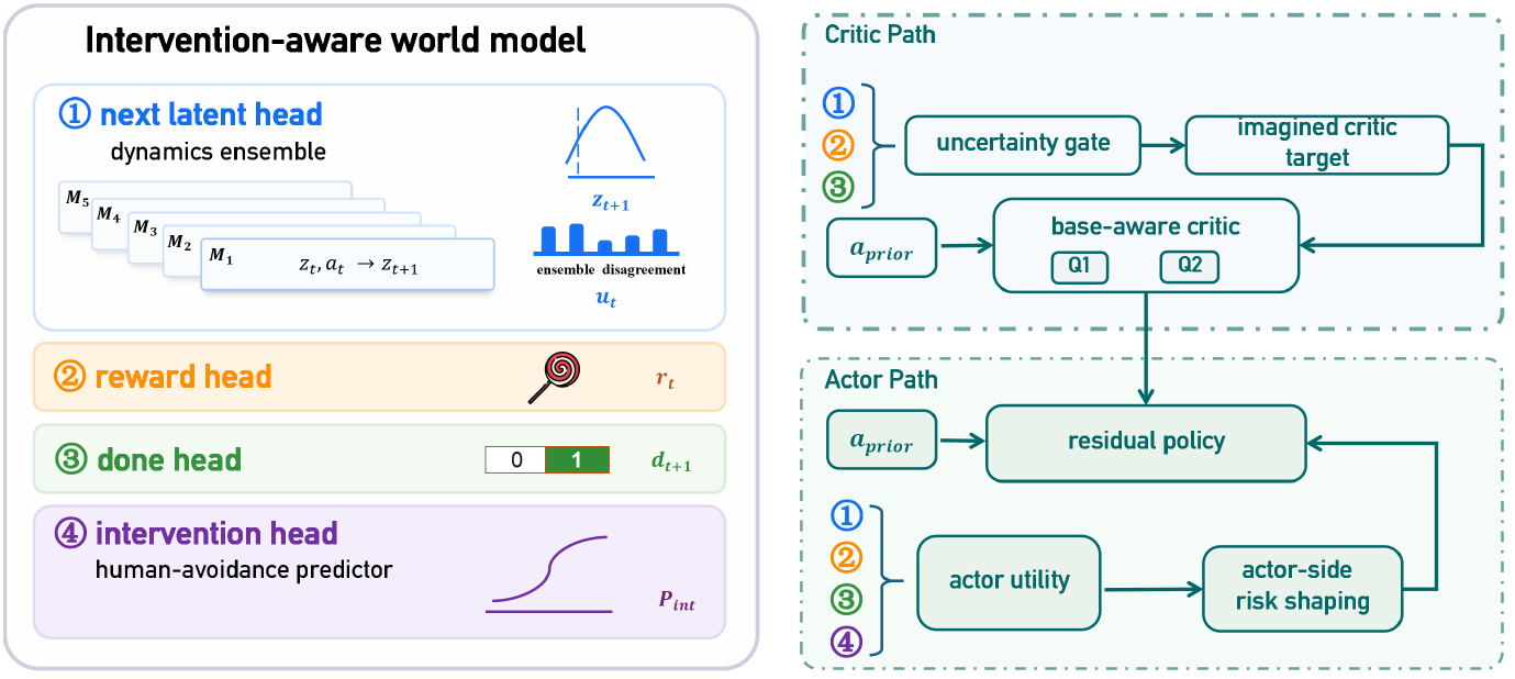 Four heads for next latent, reward, done and intervention feed separate critic and actor paths. The critic bracket contains heads one through three; the actor utility bracket includes all four.