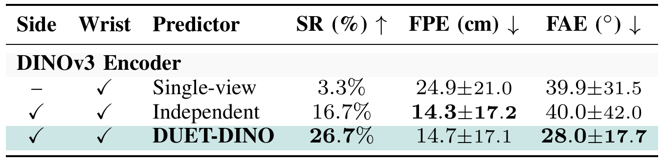 Three DINOv3 hardware rows show 3.3%, 16.7% and 26.7% success for wrist-only, independent dual-view and DUET-DINO; independent views have slightly lower position error.