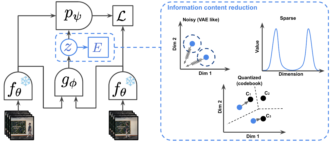 Two frozen visual-encoder branches feed inverse dynamics; its latent action conditions a forward predictor, with three illustrated ways to limit latent information.