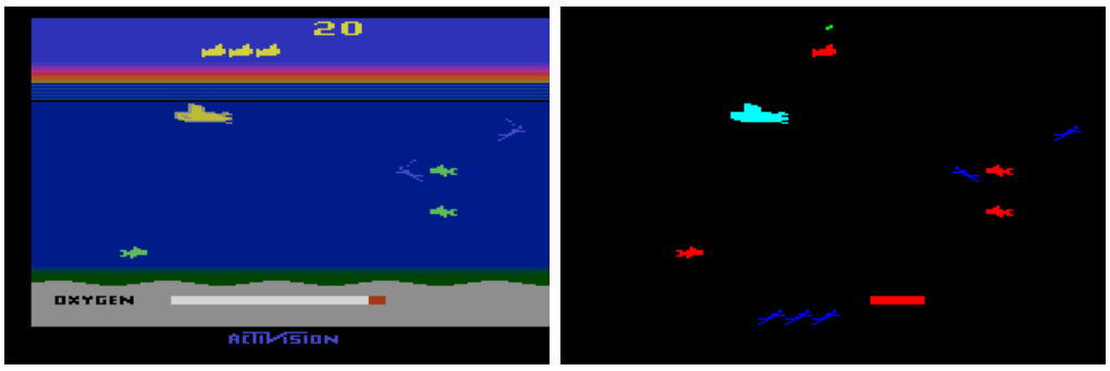 Seaquest screenshot and DISCO class detections; red marks include fish, a life icon, and part of the oxygen display.