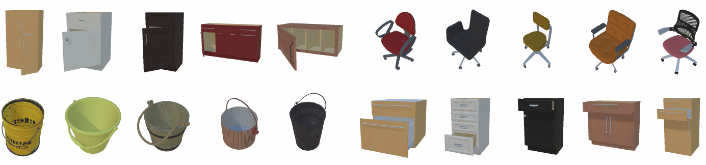 Two rows of differently shaped cabinets, swivel chairs and buckets illustrate geometric and articulation diversity.