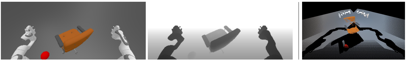 An RGB view and matching depth view of a chair appear beside the fused point cloud, with robot arms and missing surfaces visible.