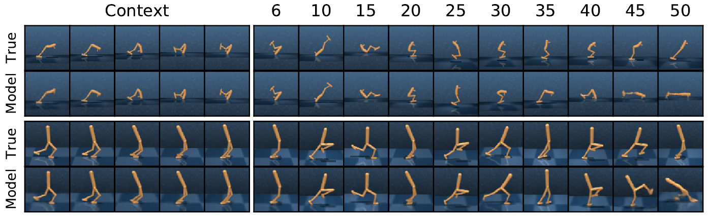 Two true/model row pairs compare five context frames with selected subsequent action-conditioned predictions through frame 50.