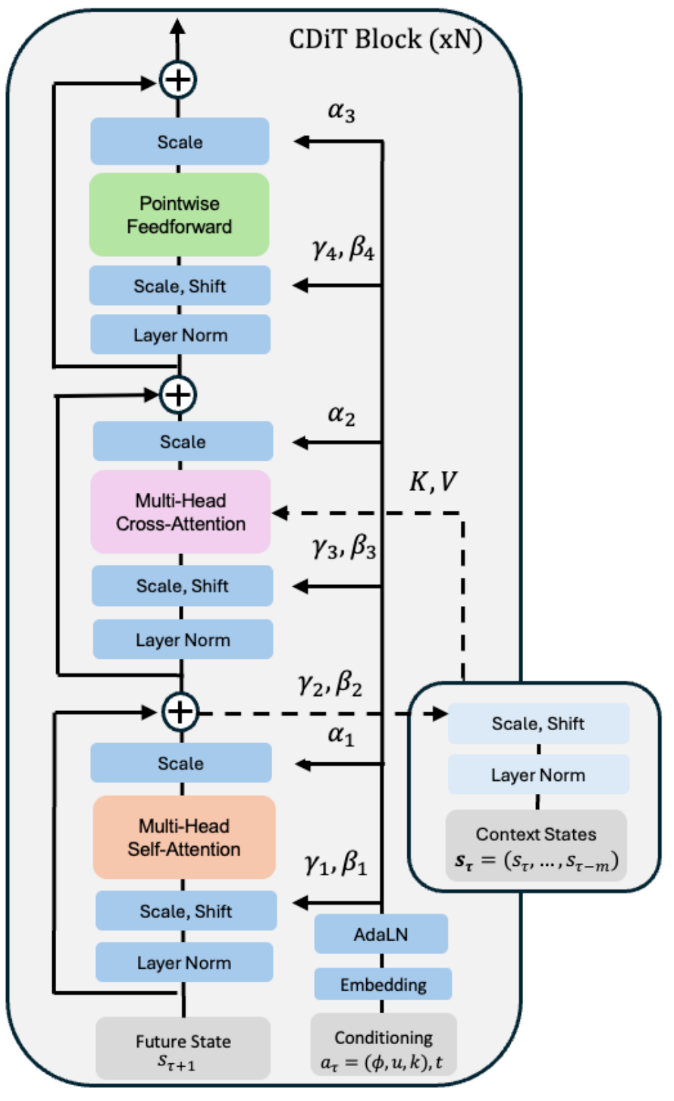 Vertical CDiT block with target self-attention, context cross-attention, feedforward layers, residual additions and an AdaLN conditioning branch.