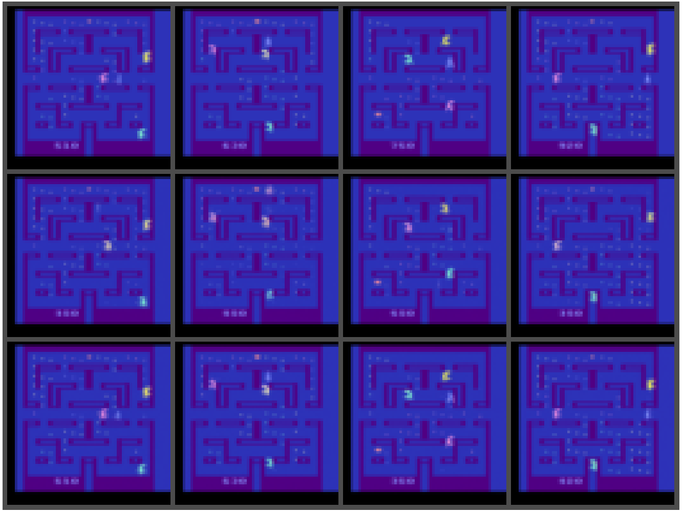 Four columns of Alien frames show original observations in the top row, 16-token reconstructions in the middle, and 64-token reconstructions at the bottom.