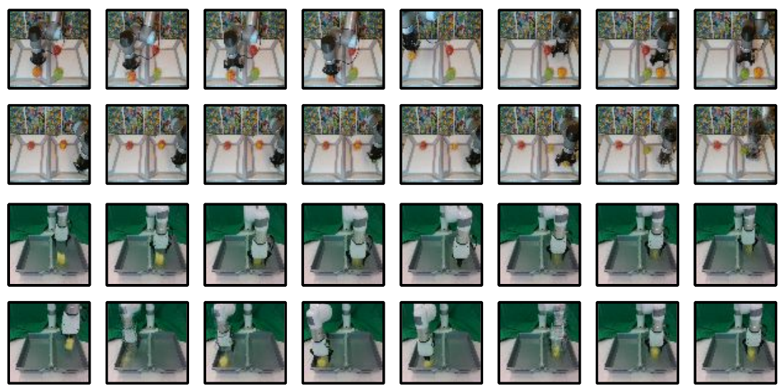 Four rows of decoded imagined trajectories: two UR5 sequences above two XArm sequences, with eight displayed frames per row and visible object-color drift in a UR5 row.