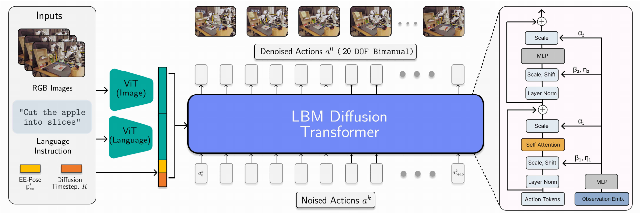Language, RGB images, end-effector pose and diffusion time condition a diffusion transformer; noisy action tokens enter below and denoised actions leave above, with an adaptive-normalization block enlarged at right.