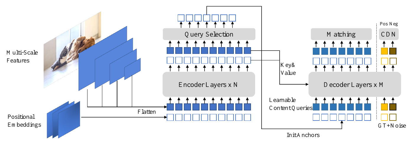 Multi-scale image features and positional embeddings feed an encoder. Query selection initializes decoder anchors, encoder outputs provide keys and values, and separate learned content queries and noisy ground-truth queries enter the decoder.