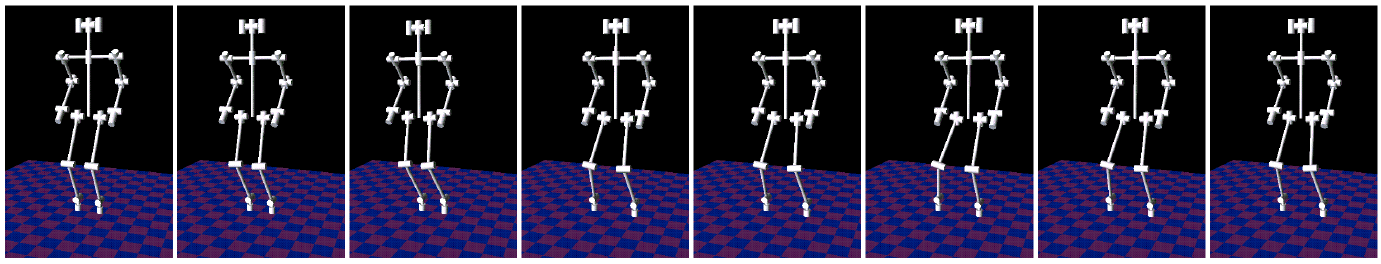 Eight consecutive-looking simulation snapshots show a skeletal humanoid stepping on a checkered floor, with changing leg and body poses.