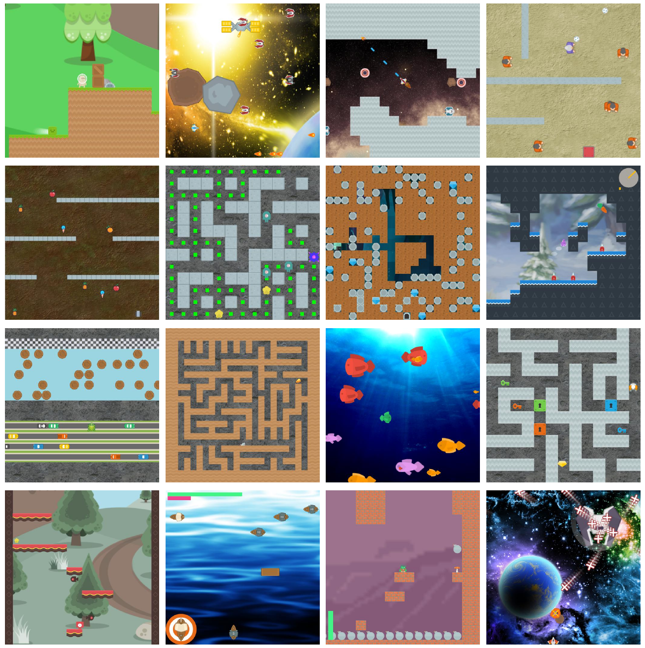 Four-by-four montage of sixteen game screenshots, including platforms, spacecraft, corridors, mazes, underwater scenes and moving obstacles.