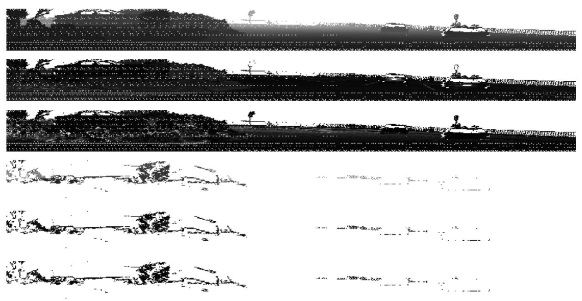 Six horizontal grayscale range-image bands: range, intensity and elongation for the first LiDAR return, then the corresponding three channels for the second return.